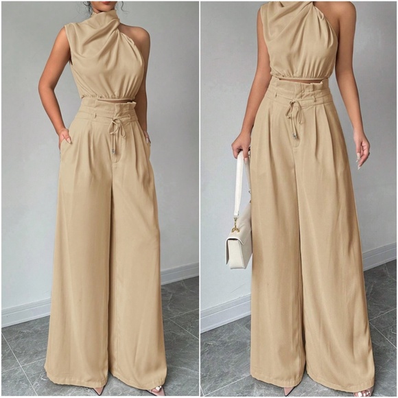Classic Solid One Shoulder Wide leg Pants Set - Picture 1 of 7